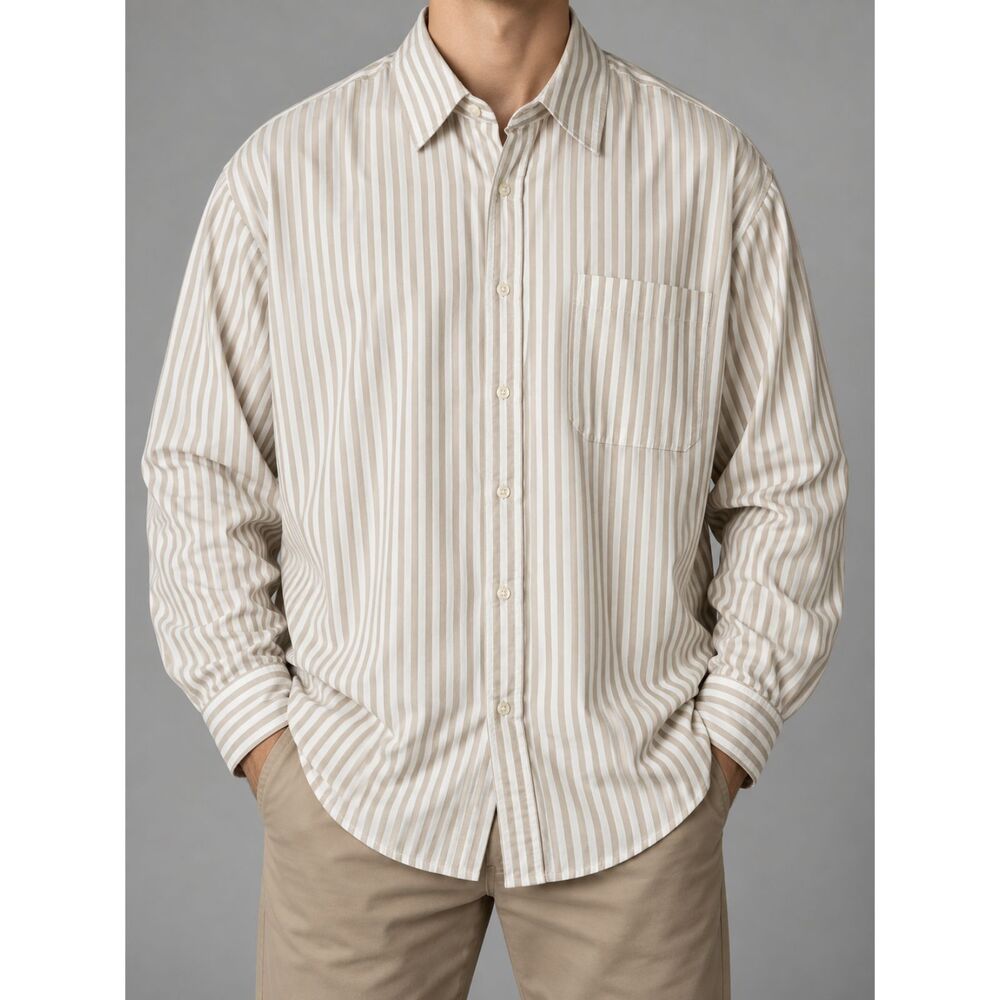 St John’s Bay Men’s 3XL Tan White Striped Shirt 100% Cotton Button Down NWT